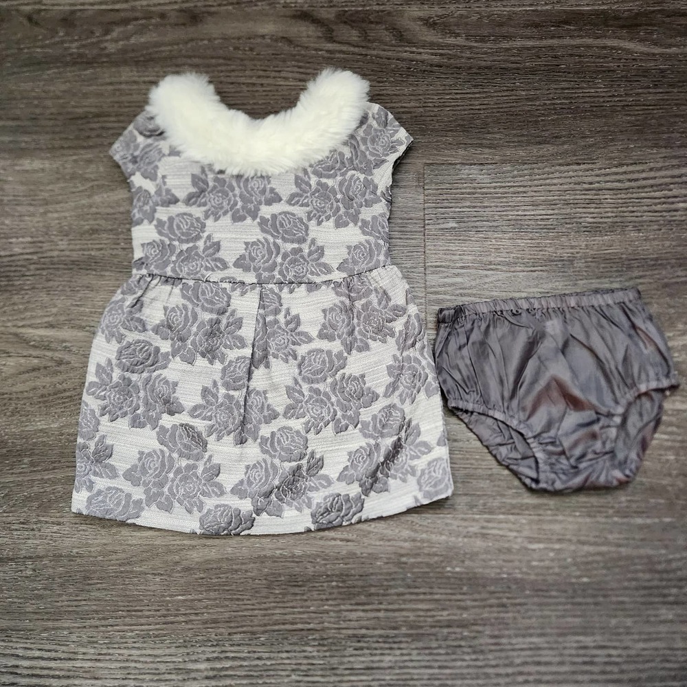 Janie and Jack Gray Floral Dress with Fur Collar